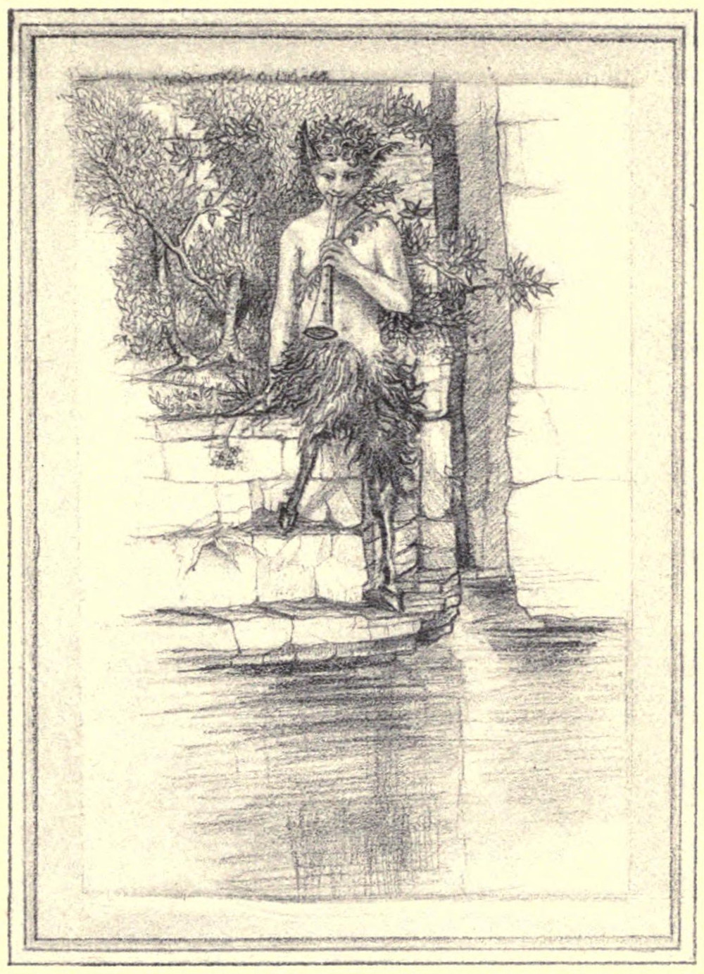 Illustration: Upon the rocks was the young faun sitting, and playing on his pipes