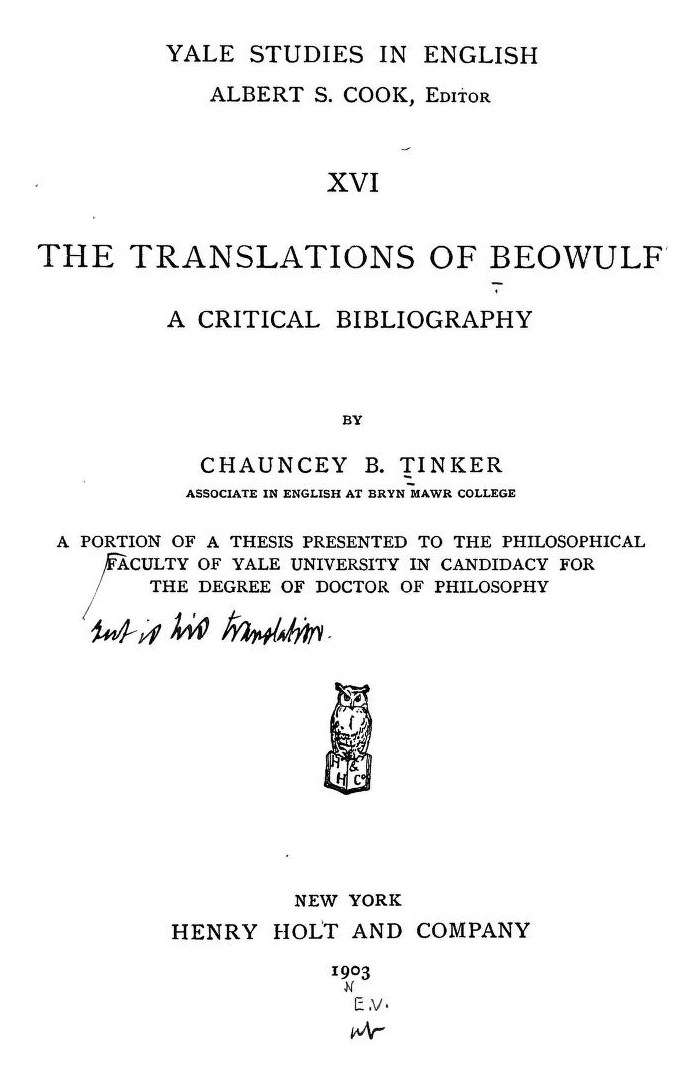 Tinker the Translations of Beowulf title page