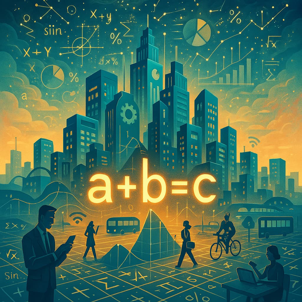 abstract futuristic city with mathematical equations