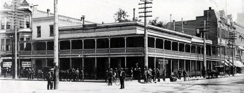 Overland Hotel (1863-1903) on corner of 8th and Main Streets. Boise, Idaho.