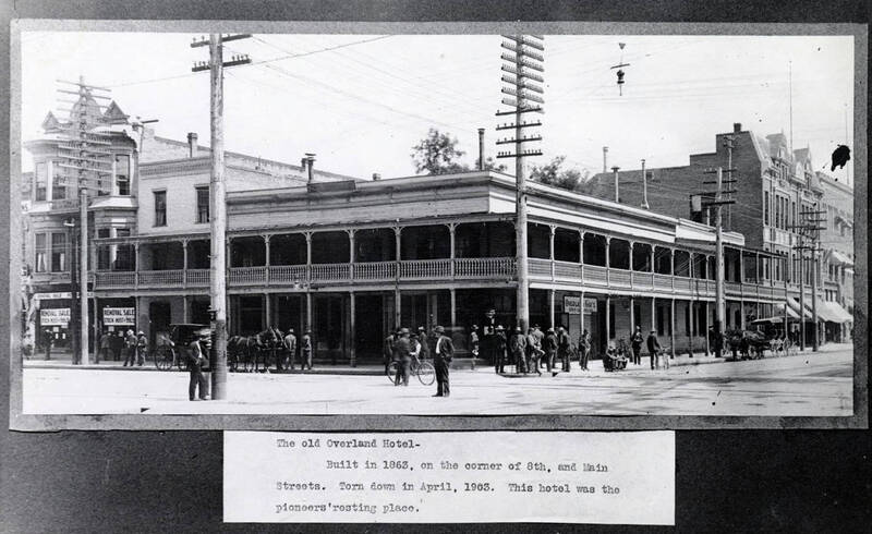 Overland Hotel (1863-1903) on corner of 8th and Main Streets. Boise, Idaho.