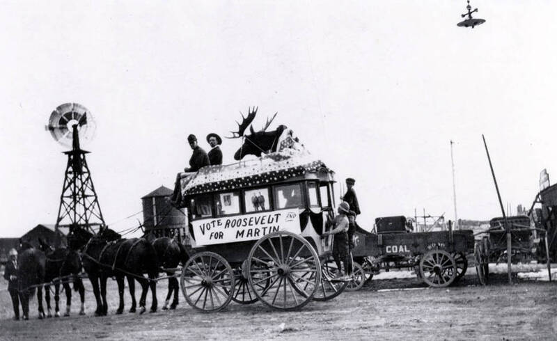 Sign on float reads, 'Vote for Roosevelt and Martin.'