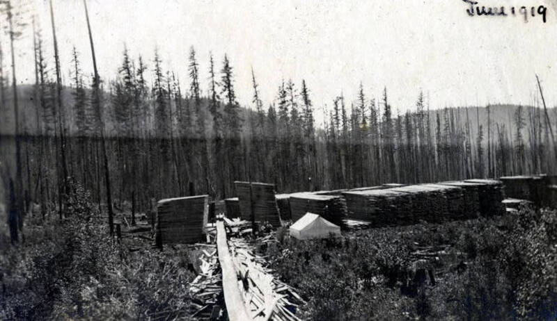 Schmidt Brothers Lumber Co. lumber yard and flume. Eileen, Idaho.