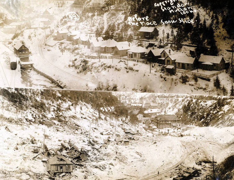 View of Mace, Idaho before and after the snowslide.