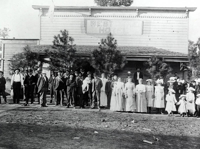 Group gathered in front of Westlake Hotel for camp meeting. Westlake, Idaho.