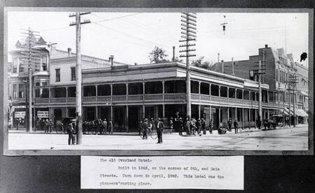 Overland Hotel (1863-1903) on corner of 8th and Main Streets. Boise, Idaho.