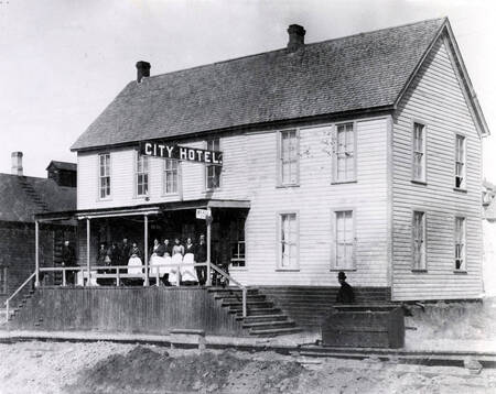Owned by Carter family. Right to left: William Carter, Mrs. William Carter, 2 not identified, Nettie Young, Viola Carter, George Carter, others not identified