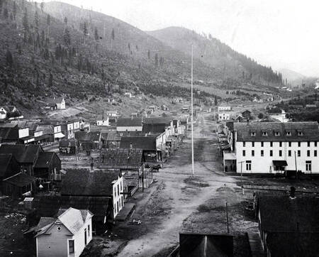Looking east on Earle Street toward the Gold Hunter Mill. Mullan, Idaho.