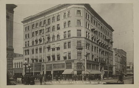 Postcard is a photograph of the no longer standing Overland Building in Boise, Idaho.
