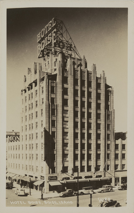 Postcard is a photograph of the old Hotel Boise in Boise, Idaho.