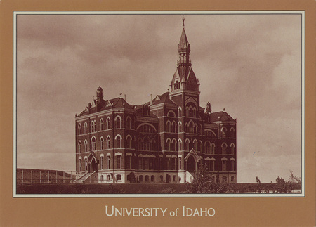 Postcard of the first Administration building, which was destroyed in 1906, on the University of Idaho campus in Moscow, Idaho. | The first University of Idaho Administration Building in 1900. The building was destroyed by fire in 1906.