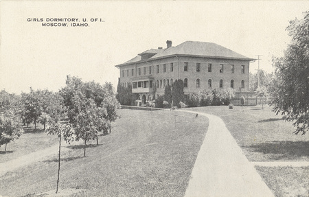 Postcard of a women's dormitory (now Ridenbaugh Hall) at the University of Idaho campus in Moscow, Idaho.