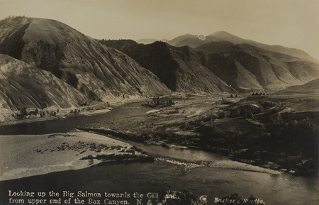 Postcard of a river along a highway in Idaho. | Looking up the Big Salmon towards the Gill Ranch from upper end of the Box Canyon.