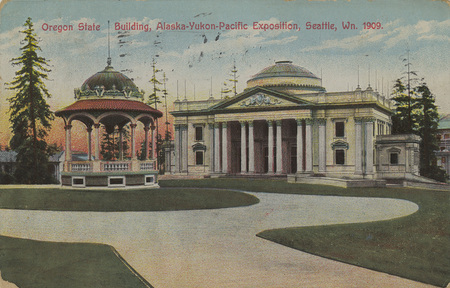 Postcard of the Oregon State Building at the Alaska-Yukon-Pacific Exposition in 1909 in Seattle, Washington. The grounds of the exposition later became the University of Washington campus.