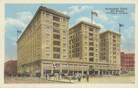Postcard is of the Multhomah Hotel in Portland, Oregon.