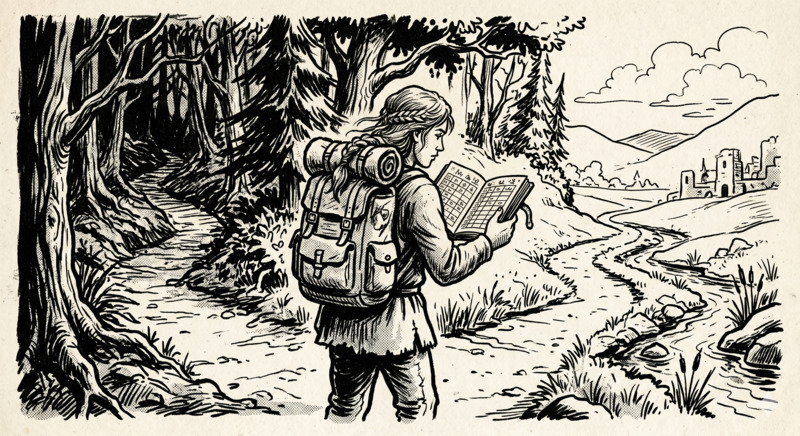a young adventurer with a backpack looks at a spreadsheet and the road ahead
