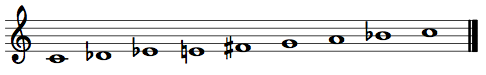 C half-whole octatonic scale on the treble staff.