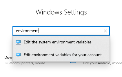 Search for environment variables in Settings