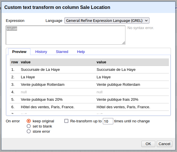 openrefine interface window showing expression editor for custom text transform